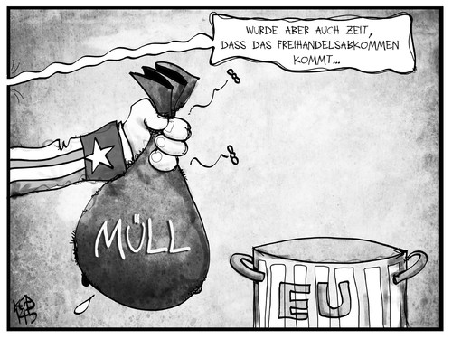 Cartoon: TTIP (medium) by Kostas Koufogiorgos tagged karikatur,koufogiorgos,illustration,cartoon,ttip,freihandelsabkommen,wirtschaft,usa,eu,europa,müll,qualität,standard,politik,karikatur,koufogiorgos,illustration,cartoon,ttip,freihandelsabkommen,wirtschaft,usa,eu,europa,müll,qualität,standard,politik