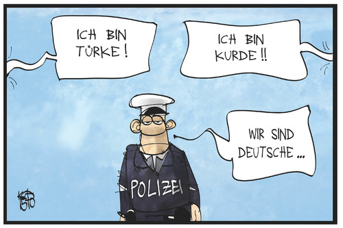 Cartoon: Türkisch-kurdische Konflikte (medium) by Kostas Koufogiorgos tagged karikatur,koufogiorgos,illustration,cartoon,konflikt,kurden,türken,deutsche,polizei,türkei,deutschland,ordnungshüter,politik,polizist,karikatur,koufogiorgos,illustration,cartoon,konflikt,kurden,türken,deutsche,polizei,türkei,deutschland,ordnungshüter,politik,polizist