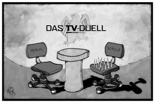 Cartoon: TV-Duell (medium) by Kostas Koufogiorgos tagged karikatur,koufogiorgos,illustration,cartoon,tv,duell,merkel,schulz,stuhl,dornig,wahlkampf,bundestagswahl,karikatur,koufogiorgos,illustration,cartoon,tv,duell,merkel,schulz,stuhl,dornig,wahlkampf,bundestagswahl