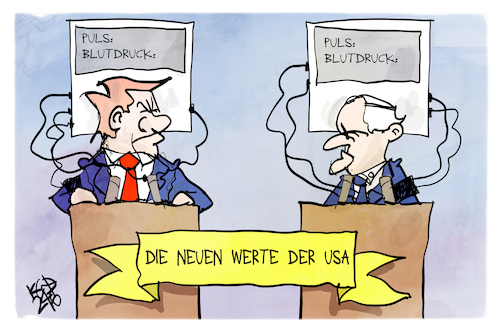 Cartoon: TV-Duell (medium) by Kostas Koufogiorgos tagged karikatur,koufogiorgos,tv,duell,biden,trump,usa,gesundheit,werte,karikatur,koufogiorgos,tv,duell,biden,trump,usa,gesundheit,werte