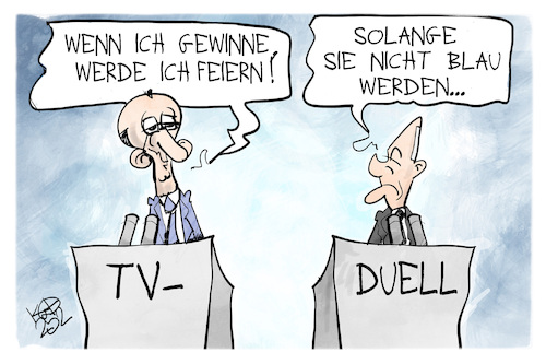 Cartoon: TV-Duell (medium) by Kostas Koufogiorgos tagged karikatur,koufogiorgos,tv,duell,scholz,merz,blau,afd,karikatur,koufogiorgos,tv,duell,scholz,merz,blau,afd