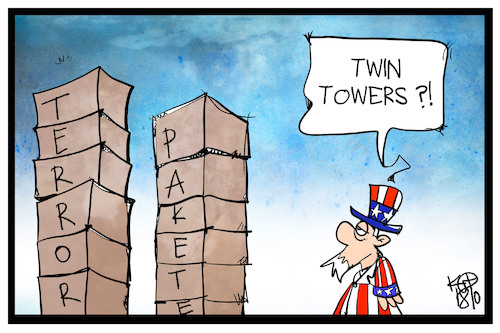 Cartoon: Twin Towers (medium) by Kostas Koufogiorgos tagged karikatur,koufogiorgos,illustration,cartoon,bombe,terrorismus,terrorist,anschlag,usa,twin,towers,pakete,911,september,karikatur,koufogiorgos,illustration,cartoon,bombe,terrorismus,terrorist,anschlag,usa,twin,towers,pakete,911,september