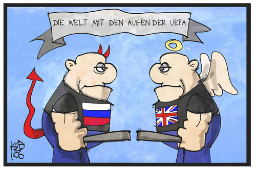 Cartoon: UEFA (medium) by Kostas Koufogiorgos tagged karikatur,koufogiorgos,illustration,cartoon,hooligans,england,russland,gewalt,engel,teufel,uefa,welt,fussball,feindbild,sport,karikatur,koufogiorgos,illustration,cartoon,hooligans,england,russland,gewalt,engel,teufel,uefa,welt,fussball,feindbild,sport