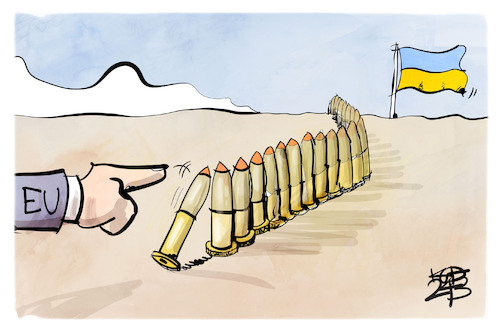 Cartoon: Ukraine-Hilfe (medium) by Kostas Koufogiorgos tagged karikatur,koufogiorgos,eu,militär,patronen,waffen,krieg,hilfe,karikatur,koufogiorgos,eu,militär,patronen,waffen,krieg,hilfe