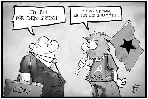 Cartoon: Union für den Grexit (medium) by Kostas Koufogiorgos tagged karikatur,koufogiorgos,illustration,cartoon,union,cdu,syriza,griechenland,grexit,euro,austritt,europa,währungsunion,kommunist,konservativ,politik,karikatur,koufogiorgos,illustration,cartoon,union,cdu,syriza,griechenland,grexit,euro,austritt,europa,währungsunion,kommunist,konservativ,politik