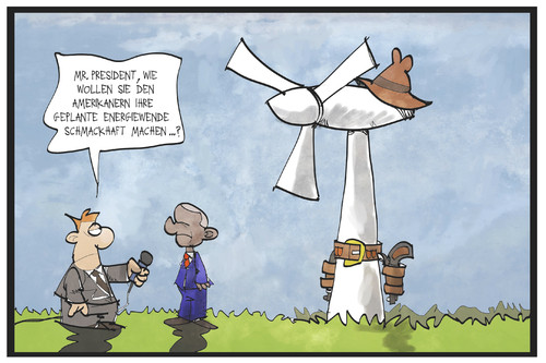 Cartoon: US-Energiewende (medium) by Kostas Koufogiorgos tagged karikatur,koufogiorgos,illustration,cartoon,obama,energiewende,cowboy,amerika,usa,klima,umwelt,windrad,ökologie,energie,politik,karikatur,koufogiorgos,illustration,cartoon,obama,energiewende,cowboy,amerika,usa,klima,umwelt,windrad,ökologie,energie,politik