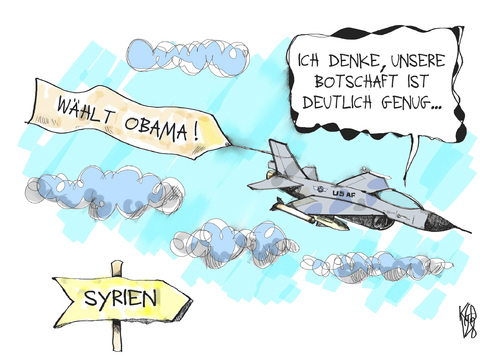 Cartoon: US-Wahlkampf (medium) by Kostas Koufogiorgos tagged usa,obama,wahlkampf,syrien,kampfjet,krieg,konflikt,assad,karikatur,kostas,koufogiorgos,usa,obama,wahlkampf,syrien,kampfjet,krieg,konflikt,assad,karikatur,kostas,koufogiorgos