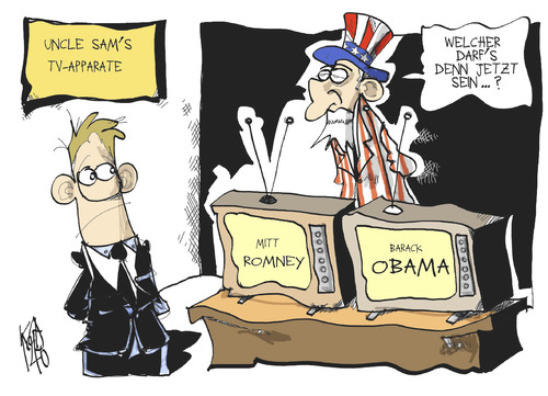 Cartoon: US-Wahlkampf (medium) by Kostas Koufogiorgos tagged wahl,usa,romney,obama,präsident,uncle,sam,tv,duell,wahlkampf,politik,fernseher,amerika,karikatur,kostas,koufogiorgos,wahl,usa,romney,obama,präsident,uncle,sam,tv,duell,wahlkampf,politik,fernseher,amerika,karikatur,kostas,koufogiorgos