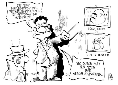 Cartoon: Verfassungsschutz (medium) by Kostas Koufogiorgos tagged verfassungsschutz,polizei,friedrich,ausbildung,michel,bürger,neonazi,sicherheit,karikatur,kostas,koufogiorgos