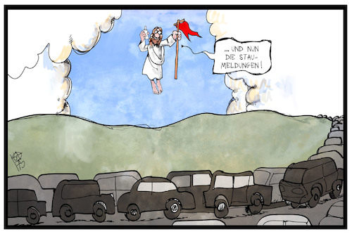 Cartoon: Verkehrschaos (medium) by Kostas Koufogiorgos tagged karikatur,koufogiorgos,illustration,cartoon,verkehr,chaos,stau,himmelfahrt,christus,sieger,religion,christentum,jesus,staumelder,wochenende,feiertag,karikatur,koufogiorgos,illustration,cartoon,verkehr,chaos,stau,himmelfahrt,christus,sieger,religion,christentum,jesus,staumelder,wochenende,feiertag