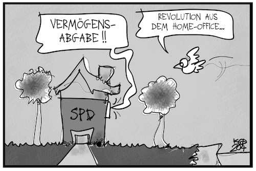 Cartoon: Vermögensabgabe (medium) by Kostas Koufogiorgos tagged karikatur,koufogiorgos,illustration,cartoon,spd,sozialdemokraten,esken,vermoegensabgabe,haus,vogel,revolution,klassenkampf,geld,solidarität,umverteilung,karikatur,koufogiorgos,illustration,cartoon,spd,sozialdemokraten,esken,vermoegensabgabe,haus,vogel,revolution,klassenkampf,geld,solidarität,umverteilung