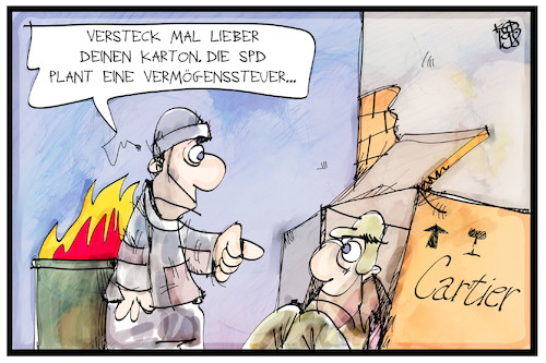 Cartoon: Vermögenssteuer (medium) by Kostas Koufogiorgos tagged karikatur,koufogiorgos,illustration,cartoon,vermögen,vermögenssteuer,soziales,arm,reich,steuer,geld,wohnen,immobilien,markt,obdachlosigkeit,luxus,armut,karikatur,koufogiorgos,illustration,cartoon,vermögen,vermögenssteuer,soziales,arm,reich,steuer,geld,wohnen,immobilien,markt,obdachlosigkeit,luxus,armut