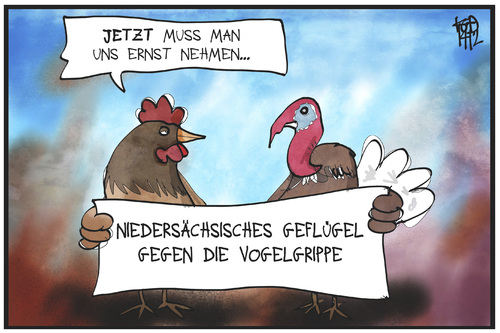 Cartoon: Vogelgrippe (medium) by Kostas Koufogiorgos tagged karikatur,koufogiorgos,illustration,cartoon,vogelgrippe,hühner,demonstration,virus,h5n8,gesundheit,krankheit,tierschutz,politik,karikatur,koufogiorgos,illustration,cartoon,vogelgrippe,hühner,demonstration,virus,h5n8,gesundheit,krankheit,tierschutz,politik