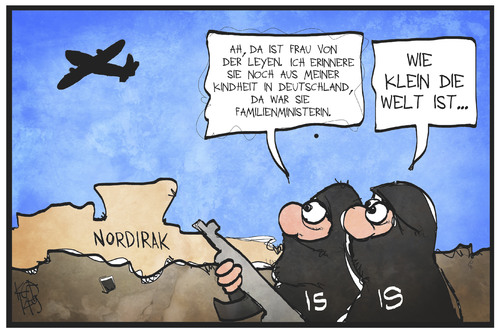 Cartoon: Von der Leyen im Irak (medium) by Kostas Koufogiorgos tagged familienministerin,leyen,koufogiorgos,cartoon,illustration,karikatur,nordirak,irak,is,islamischer,staat,terrorismus,djihadist,kämpfer,deutschland,kindheit,politik,karikatur,illustration,cartoon,koufogiorgos,leyen,familienministerin,nordirak,irak,is,islamischer,staat,terrorismus,djihadist,kämpfer,deutschland,kindheit,politik