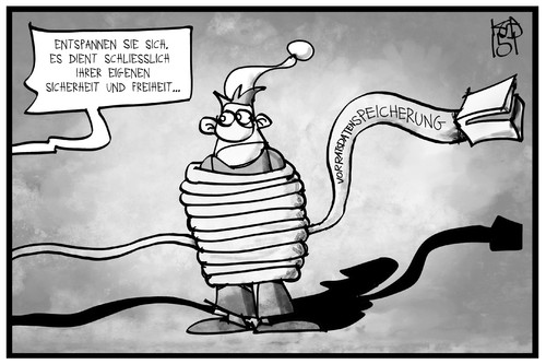 Cartoon: Vorratsdatenspeicherung (medium) by Kostas Koufogiorgos tagged cartoon,illustration,koufogiorgos,karikatur,vorratsdatenspeicherung,michel,freiheit,sicherheit,kabel,netzkabel,telekommunikation,internet,politik,cartoon,illustration,koufogiorgos,karikatur,vorratsdatenspeicherung,michel,freiheit,sicherheit,kabel,netzkabel,telekommunikation,internet,politik