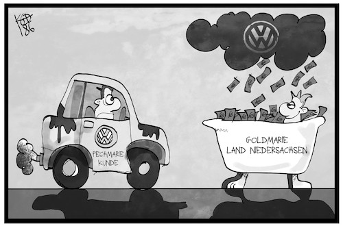 Cartoon: VW-Bußgeld (medium) by Kostas Koufogiorgos tagged karikatur,koufogiorgos,illustration,cartoon,vw,volkswagen,dieselgate,bußgeld,niedersachsen,goldmarie,pechmarie,märchen,grimm,frau,holle,geldregen,karikatur,koufogiorgos,illustration,cartoon,vw,volkswagen,dieselgate,bußgeld,niedersachsen,goldmarie,pechmarie,märchen,grimm,frau,holle,geldregen