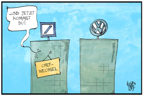 Cartoon: VW-Chefwechsel (medium) by Kostas Koufogiorgos tagged karikatur,koufogiorgos,cartoon,illustration,vw,volkswagen,deutsche,bank,sewing,chef,wechsel,müller,autobauer,wirtschaft,vorstand,konzern,umbau,karikatur,koufogiorgos,cartoon,illustration,vw,volkswagen,deutsche,bank,sewing,chef,wechsel,müller,autobauer,wirtschaft,vorstand,konzern,umbau