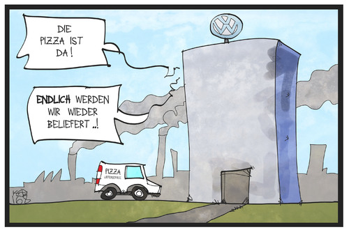 Cartoon: VW wird beliefert (medium) by Kostas Koufogiorgos tagged karikatur,koufogiorgos,illustration,cartoon,vw,volkswagen,pizza,lieferservice,vorstand,management,zulieferer,streit,autobauer,wirtschaft,industrie,automobil,auto,karikatur,koufogiorgos,illustration,cartoon,vw,volkswagen,pizza,lieferservice,vorstand,management,zulieferer,streit,autobauer,wirtschaft,industrie,automobil,auto