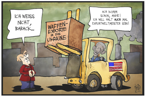 Cartoon: Waffen in die Ukraine (medium) by Kostas Koufogiorgos tagged karikatur,koufogiorgos,illustration,cartoon,ukraine,merkel,obama,usa,deutschland,export,handel,logistik,gabelstapler,diplomatie,politik,karikatur,koufogiorgos,illustration,cartoon,ukraine,merkel,obama,usa,deutschland,export,handel,logistik,gabelstapler,diplomatie,politik