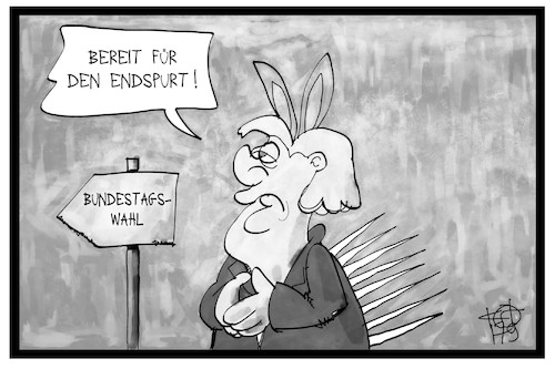 Cartoon: Wahlkampfendspurt (medium) by Kostas Koufogiorgos tagged karikatur,koufogiorgos,illustration,cartoon,bundestagswahl,merkel,endspurt,hase,igel,politik,demokratie,fabel,parabel,karikatur,koufogiorgos,illustration,cartoon,bundestagswahl,merkel,endspurt,hase,igel,politik,demokratie,fabel,parabel