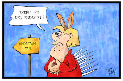 Cartoon: Wahlkampfendspurt (medium) by Kostas Koufogiorgos tagged karikatur,koufogiorgos,illustration,cartoon,bundestagswahl,merkel,endspurt,hase,igel,politik,demokratie,fabel,parabel,karikatur,koufogiorgos,illustration,cartoon,bundestagswahl,merkel,endspurt,hase,igel,politik,demokratie,fabel,parabel