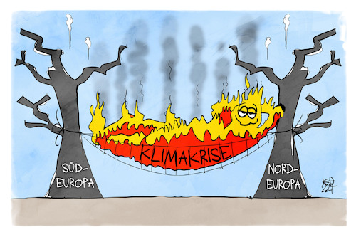 Cartoon: Waldbrände in Europa (medium) by Kostas Koufogiorgos tagged karikatur,koufogiorgos,waldbrand,feuer,europa,norden,süden,hängematte,schlafen,karikatur,koufogiorgos,waldbrand,feuer,europa,norden,süden,hängematte,schlafen