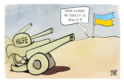 Cartoon: Warten auf schwere Waffen (medium) by Kostas Koufogiorgos tagged karikatur,koufogiorgos,hilfe,waffen,ukraine,panzer,besuch,karikatur,koufogiorgos,hilfe,waffen,ukraine,panzer,besuch