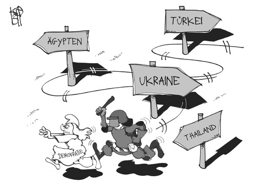Cartoon: Wege der Demokratie (medium) by Kostas Koufogiorgos tagged demokratie,ukraine,thailand,ägypten,türkei,karikatur,koufogiorgos,demokratie,ukraine,thailand,ägypten,türkei,karikatur,koufogiorgos