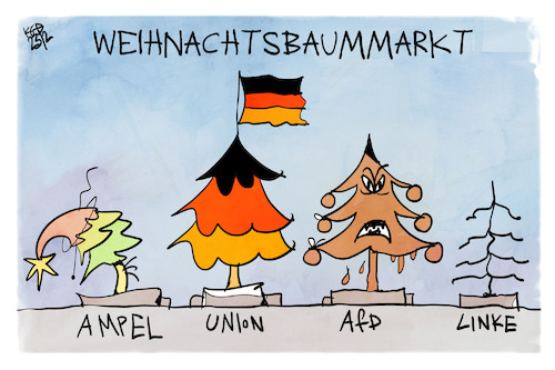 Cartoon: Weihnachtsbaummarkt (medium) by Kostas Koufogiorgos tagged karikatur,koufogiorgos,weihnachtsbaum,partei,afd,union,ampel,linke,karikatur,koufogiorgos,weihnachtsbaum,partei,afd,union,ampel,linke