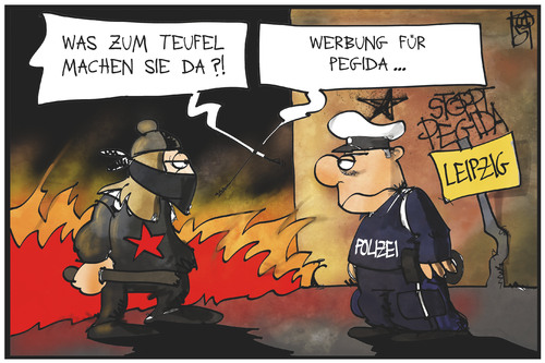 Cartoon: Werbung für PEGIDA (medium) by Kostas Koufogiorgos tagged karikatur,koufogiorgos,illustration,cartoon,pegida,polizei,randale,krawall,gewalt,autonomer,extremismus,politik,leipzig,karikatur,koufogiorgos,illustration,cartoon,pegida,polizei,randale,krawall,gewalt,autonomer,extremismus,politik,leipzig