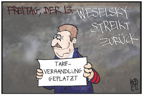 Cartoon: Weselsky streikt zurück (medium) by Kostas Koufogiorgos tagged karikatur,koufogiorgos,illustration,cartoon,weselsky,bahn,lokführer,streik,freitag,unglückstag,gewerkschaft,gdl,arbeitskampf,karikatur,koufogiorgos,illustration,cartoon,weselsky,bahn,lokführer,streik,freitag,unglückstag,gewerkschaft,gdl,arbeitskampf