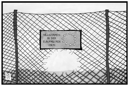 Cartoon: Willkommen in der EU (medium) by Kostas Koufogiorgos tagged karikatur,koufogiorgos,illustration,cartoon,eu,europa,flüchtlinge,grenzzaun,durchlass,einlass,asyl,flüchtlingsstrom,karikatur,koufogiorgos,illustration,cartoon,eu,europa,flüchtlinge,grenzzaun,durchlass,einlass,asyl,flüchtlingsstrom