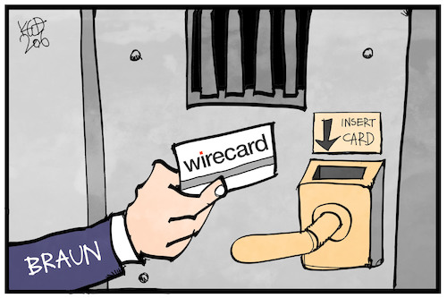 Cartoon: Wirecard (medium) by Kostas Koufogiorgos tagged karikatur,koufogiorgos,illustration,cartoon,braun,wirecard,bilanzskandal,dax,wirtschaft,betrug,polizei,gefaengnis,zelle,haft,untersuchungshaft,kartenöffner,tuer,gitter,karikatur,koufogiorgos,illustration,cartoon,braun,wirecard,bilanzskandal,dax,wirtschaft,betrug,polizei,gefaengnis,zelle,haft,untersuchungshaft,kartenöffner,tuer,gitter