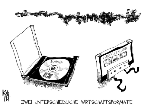 Cartoon: Wirtschaftsformate (medium) by Kostas Koufogiorgos tagged wirtschaft,format,datenträger,schweiz,griechenland,kassette,cd,steuern,euro,schulden,krise,geld,karilatur,kostas,koufogiorgos