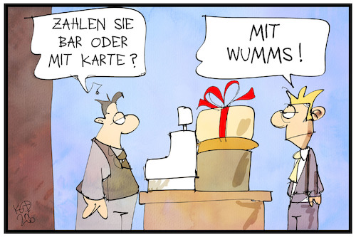 Cartoon: Zahlen mit Wumms (medium) by Kostas Koufogiorgos tagged karikatur,koufogiorgos,illustration,cartoon,wumms,zahlen,bar,ec,geld,kunde,kaufen,verkäufer,konjunkturpaket,karikatur,koufogiorgos,illustration,cartoon,wumms,zahlen,bar,ec,geld,kunde,kaufen,verkäufer,konjunkturpaket