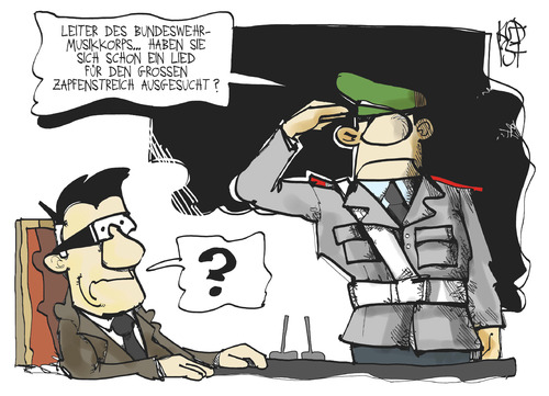 Cartoon: Zapfenstreich (medium) by Kostas Koufogiorgos tagged maiziere,drohne,drohnenaffäre,bundeswehr,musik,zapfenstreich,untersuchungsausschuss,karikatur,koufogiorgos,maiziere,drohne,drohnenaffäre,bundeswehr,musik,zapfenstreich,untersuchungsausschuss,karikatur,koufogiorgos