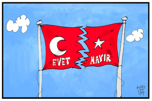 Cartoon: Zerrisene Türkei (medium) by Kostas Koufogiorgos tagged karikatur,koufogiorgos,illustration,cartoon,tuerkei,fahne,flagge,zerissen,symbol,halbmond,referendum,evet,hayir,abstimmung,wahl,karikatur,koufogiorgos,illustration,cartoon,tuerkei,fahne,flagge,zerissen,symbol,halbmond,referendum,evet,hayir,abstimmung,wahl