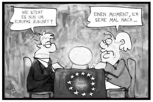 Cartoon: Zukunft der EU (medium) by Kostas Koufogiorgos tagged karikatur,koufogiorgos,illustration,cartoon,tallinn,eu,europa,zukunft,reform,gipfel,wahrsager,hellseher,merkel,glaskugel,zauberei,raten,karikatur,koufogiorgos,illustration,cartoon,tallinn,eu,europa,zukunft,reform,gipfel,wahrsager,hellseher,merkel,glaskugel,zauberei,raten