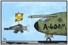Cartoon: A400M (small) by Kostas Koufogiorgos tagged karikatur,koufogiorgos,illustration,cartoon,a400,a400m,bundeswehr,g36,panne,rüchtung,ausrüstung,armee,militär,flugzeug,transport,follow,me,unbrauchbar,airbus