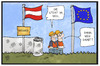 Cartoon: Europa an der Grenze (small) by Kostas Koufogiorgos tagged karikatur,koufogiorgos,illustration,cartoon,europa,grenze,oesterreich,italien,fahne,flagge,zaun,bauarbeiter,brenner