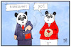Cartoon: Panda-Politik (small) by Kostas Koufogiorgos tagged karikatur,koufogiorgos,illustration,cartoon,xi,merkel,panda,cro,maske,zoo,berlin,schätzchen,träumchen,bilateral,china,deutschland,politik,business,rap,musik