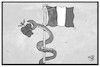 Cartoon: Regierungsbildung in Italien (small) by Kostas Koufogiorgos tagged karikaturen,koufogiorgos,illustration,cartoon,italien,regierungsbildung,schlange,apfel,versuchung,populismus,fahne,flagge,staatssymbol