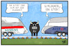 Cartoon: Siemens-Alstom (small) by Kostas Koufogiorgos tagged karikatur,koufogiorgos,illustration,cartoon,siemens,alstom,zug,eu,kuh,gleis,stier,kartell,wirtschaft,verkehr