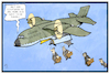 Cartoon: Türkische Luftwaffe (small) by Kostas Koufogiorgos tagged karikatur,koufogiorgos,illustration,cartoon,europa,tuerkei,erdogan,flugzeug,luftwaffe,minister,wahlkampfauftritt,kamp,waffe,erpressung
