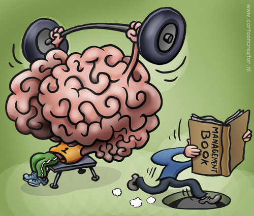 Cartoon: brains versus management books (medium) by illustrator tagged management,manager,brain,power,lift,push,fall,heavy,mad,blind,books,info,satire,cartoon,manager,boss,chef,firma,unternehmen,business,arbeit,job,karriere,macht