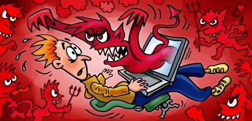 Cartoon: computer ghost (medium) by illustrator tagged netwerk,computer,ghost,devil,scare,fright,demon,ordinateur,worker,employee,attack,dark,red,evil,mad,wicked,comic,illustration,illustrator,peter,welleman,gag,fun
