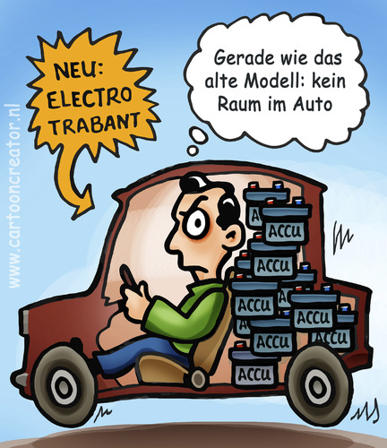 Cartoon: Electro Trabant (medium) by illustrator tagged trabant,electric,electro,auto,wagen,accu,battery,batterie,inside,raum,neu,modell,alte