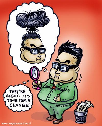 Cartoon: hair style (medium) by illustrator tagged satire,leader,north,cartoon,character,comic,korea,nucluar,hair,style,treaty,kim,jung,ill,welleman,kim jong il,korea,nordkorea,diktator,macht,politiker,frisur,haare,haarschnitt,gefahr,friseur,veränderung,beauty,atompilz,nuklear,atombombe,bombe,krieg,vertrag