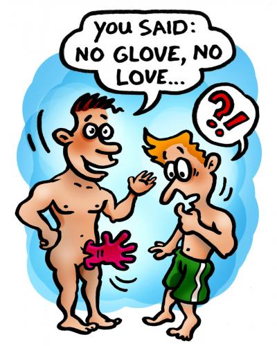 Cartoon: No glove no love (medium) by illustrator tagged save,safe,gay,queer,joke,satire,couple,schwul,glove,homo,love,illustration,cartoon,comic,illustrator,welleman,peter,no,cartoon,cartoons,schwul,schwule,mann,männer,liebe,sex,sexualität,neigung,orientierung,homo,homosexuelle,homosexuell,glied,penis,handschuh,handschuhe,sexspiele,nackt,leidenschaft,lust