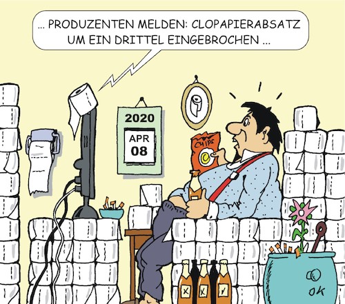 Cartoon: Absatzrückgang (medium) by JotKa tagged corona,covit19,virus,hamsterkäufe,clopapier,umsatzeinbruch,vorräte,gesellschaft,sammler,corona,covit19,virus,hamsterkäufe,clopapier,umsatzeinbruch,vorräte,gesellschaft,sammler